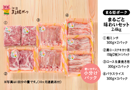 【定期便10回】まる姫ポーク まるごと味わいセット2.4kg×10回(計24kg)｜豚肉 肉 国産豚 生姜焼き 肩ロース バラスライス スライス肉 ミンチ 粗ミンチ 国産 定期便 10回 AK-33