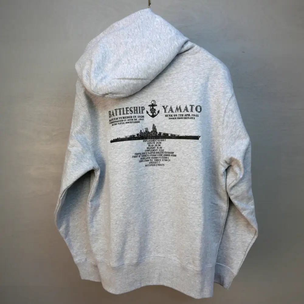 ジップアップパーカー【戦艦大和(背中横姿)】（ミックスグレー） XL(LL)サイズ 黒 black BLACK オリジナル ジッパー チャック 戦艦 大和 海軍 大人 日本製 広島県 呉市 ku091-056-ll-r