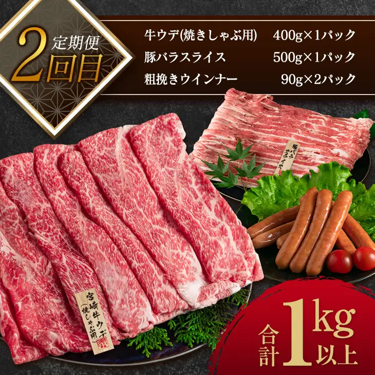 数量限定 1度に3種 お届け 3か月 お楽しみ 定期便 お肉 加工品 すぐれもの セット 総重量3.5kg以上 宮崎牛 牛肉 ビーフ 黒毛和牛 宮崎県産 豚肉 ポーク 国産 食品 惣菜 おかず 焼肉 しゃぶしゃぶ とんかつ ハンバーグ ウインナー お取り寄せ 日南市 送料無料_IC3-23