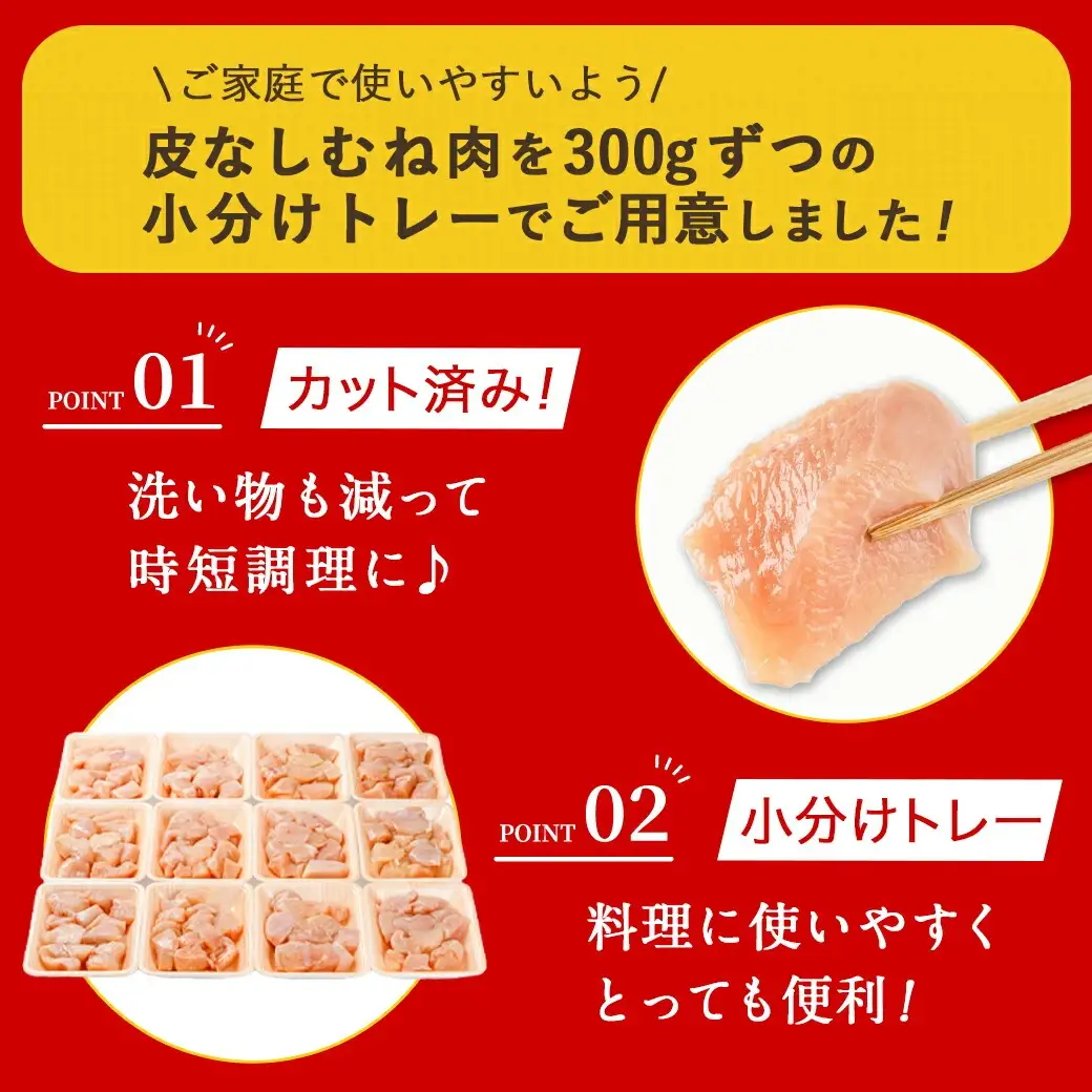 ≪皮なし≫宮崎県産若鶏むね肉一口大にカット済!小分け3.6kgセット〔12-I601〕_(都城市) 宮崎県産若鶏 皮なし むね肉 カット 300g 12パック 3.6kg