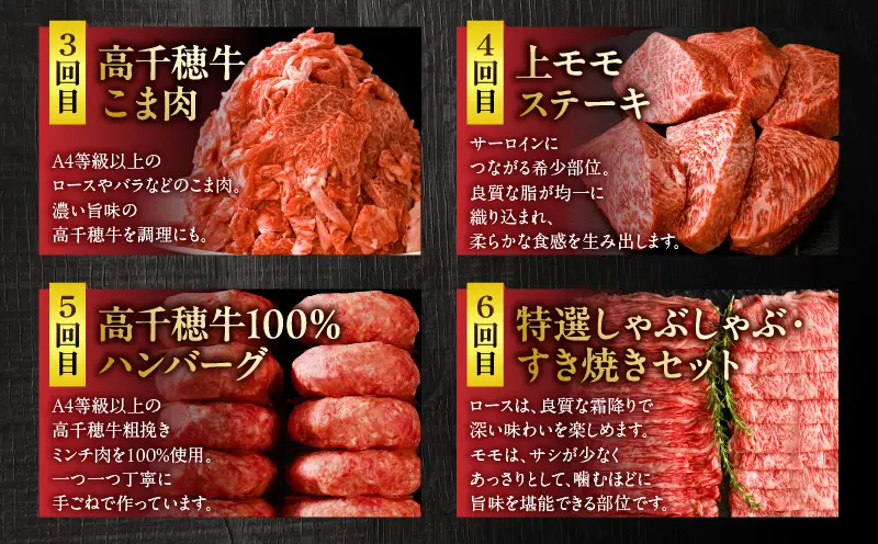 宮崎県産黒毛和牛A4等級以上 高千穂牛フルコース（6ヶ月定期便）牛肉 肉 お肉 精肉 定期便 サーロイン ステーキ 焼肉 BBQ ロース カルビ こま肉 小間切れ モモ ハンバーグ しゃぶしゃぶ すき焼き すきしゃぶ 薄切り スライス 国産 セット 詰め合わせ パーティー アウトドア キャンプ グランピング お祝い ギフト プレゼント_Tk002-t054