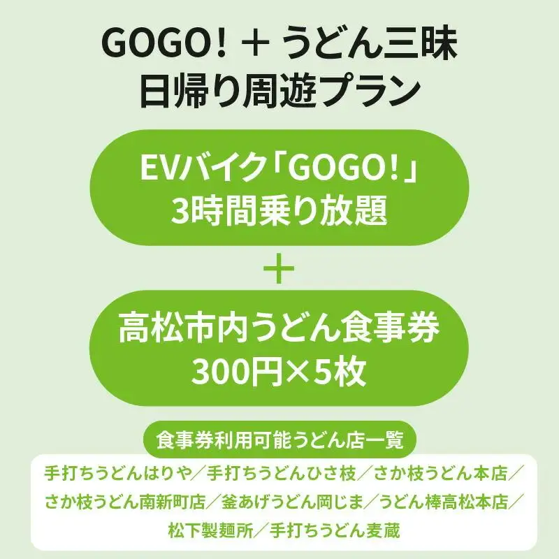 電動バイクＧＯＧＯ！で回る「さぬき有名うどん店食事券」付周遊券(1名様用)