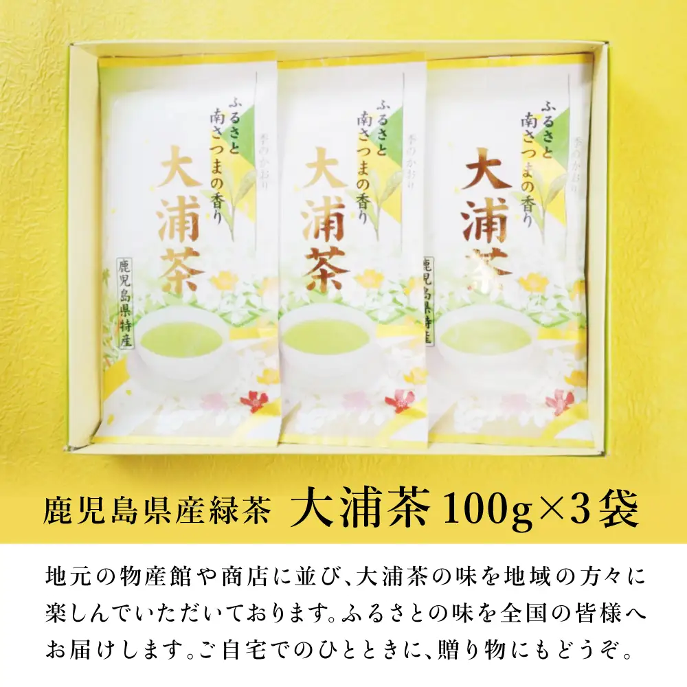 【新茶：5月発送開始】鹿児島県産緑茶 大浦茶 一番茶 3本セット(100g×3) ［贈答用］ 鹿児島県産 国産 かごしま お茶 日本茶 鹿児島茶 緑茶 茶葉 冷茶 飲料 飲み物 旨味 コク 簡単 美味しい 減農薬 プレゼント 贈答 贈答品 贈り物 ギフト 鹿児島県 南さつま市 徳留茶農園