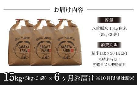 【寄附額改訂↓】令和8年新米予約【6回定期便】八重原米15kg（5kg×3袋）合計90kg 白米　※2026年10月以降順次発送｜笹屋農園「農薬削減長野県認証取得」先行予約 お米