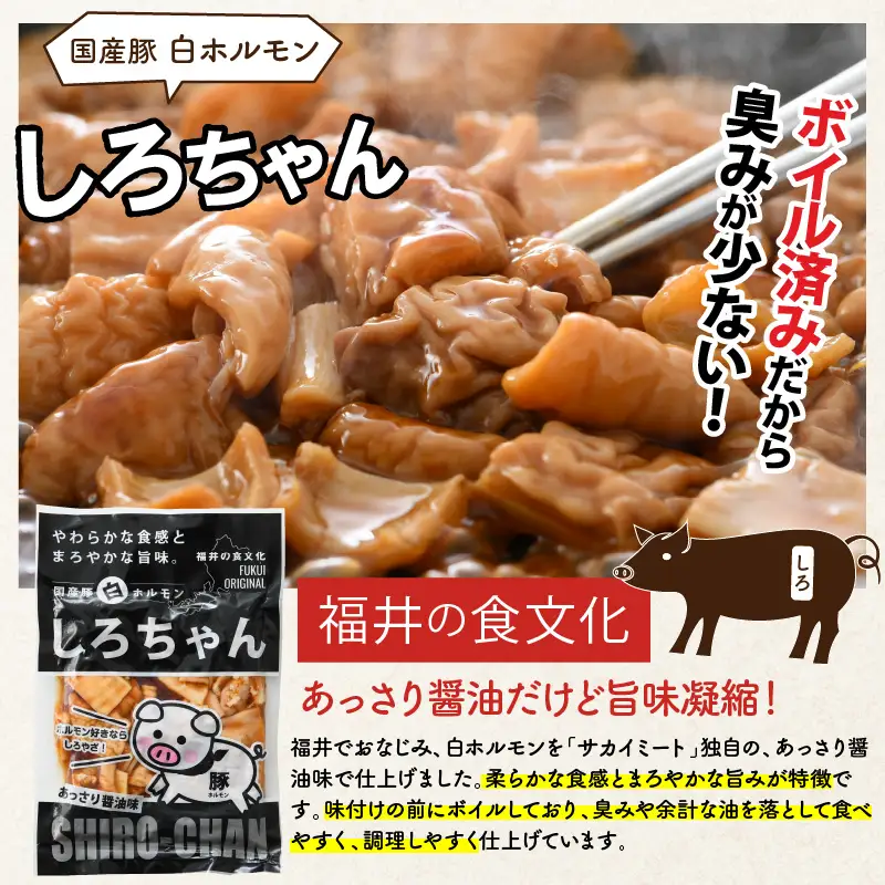 しろちゃん 福井の味付け肉セット 165g × 4袋 計660g 【豚 豚肉 ぶた ホルモン ほるもん 豚腸 ご当地 おつまみ おかず 夜のおかず 味付き 冷凍 国産】[A-12426]