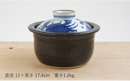 有田焼 ふくせん窯 くらしの料理器 染付カニ絵なんでん鍋 土鍋 ご飯 炊飯 ごはん 一人用（1人用）二人用（2人用）直火専用鍋 耐火陶土 A35-233