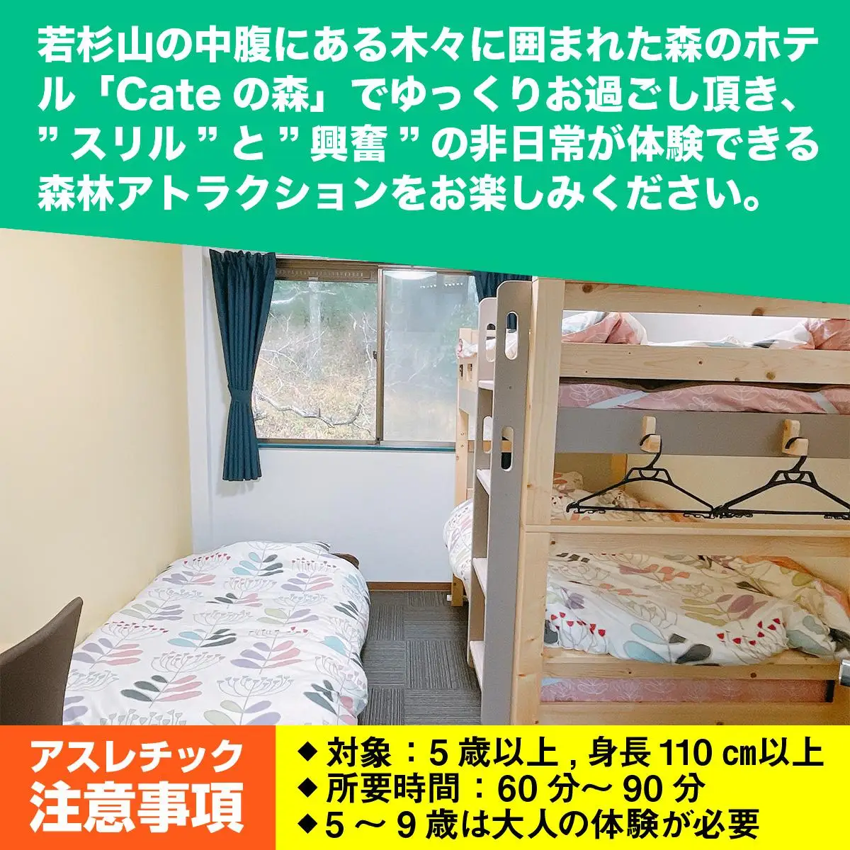 【ボウケンノモリささぐり】 アスレチック体験+宿泊（素泊り）セット3名分 ZZ005 