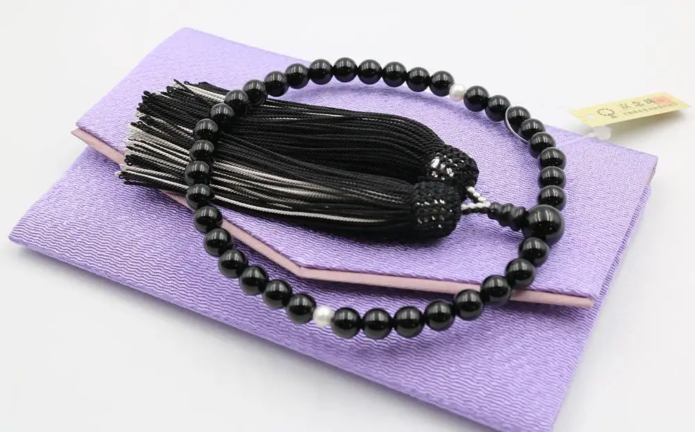 【中郷の京念珠】女性用 オニキス（淡水真珠入り）の数珠（じゅず）＋数珠袋＋金封ふくさ 3点セット