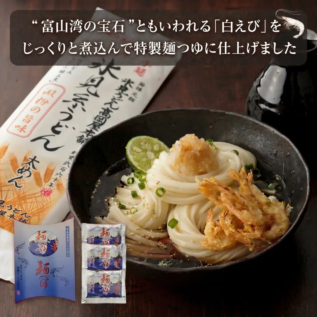 元祖！老舗の手延べうどん 2種 〈細麺・太麺〉 各2袋計4袋 ＆ 白えび 麺つゆ セット | 氷見うどん 食べ比べ 細麺 めんつゆセット