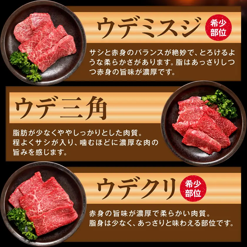 宮崎牛赤身6種600g〔16-2601〕_(都城市) 牛肉 ウデミスジ ウデ三角 ウデクリ とうがらし ウデ赤身 ウデカルビ 約100g 計600g 6種類セット赤身