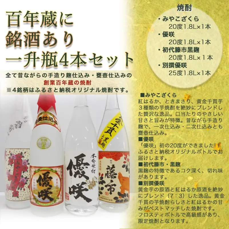 百年蔵に銘酒あり一升瓶4本セット≪みやこんじょ特急便≫ 〔23-1804〕_(都城市) みやこざくら20度 優咲20度 初代籐市黒麹 20度 別撰優咲 25度 オリジナルボトル 昔ながらの手作り麹仕込み 甕壺仕込み