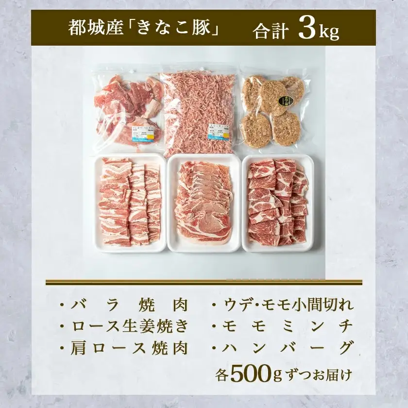 「きなこ豚」詰合せ3kg〔AD-12-003〕_(都城市) ブランド豚 柔らかい豚肉 豚バラ焼肉用 豚ロース生姜焼き 豚肩ロース焼き肉 ウデモモ小間切れ モモミンチ ハンバーグ おかず