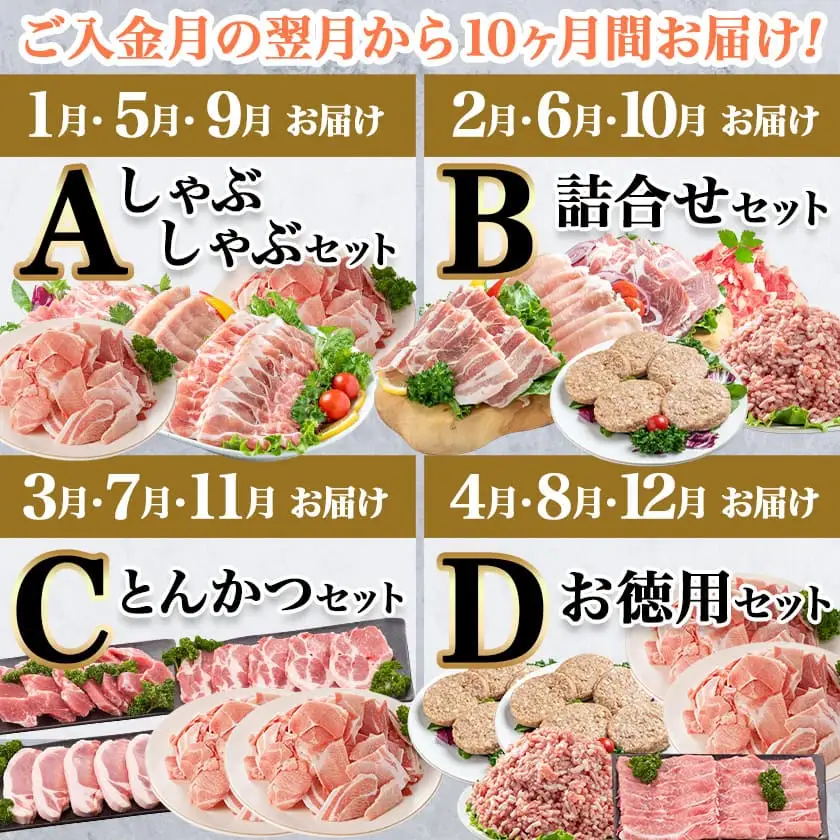 「きなこ豚」バラエティ定期便(10ヶ月)〔T120（10）-1202〕_(都城市) 宮崎県産豚肉 都城産きなこ豚 豚バラ ロース 肩ロース ウデ・モモ ミンチ ハンバーグ 小間切れ しゃぶしゃぶ とんかつ 焼き肉 生姜焼き