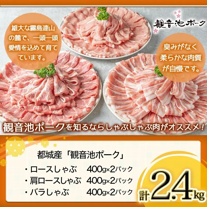 「観音池ポーク」しゃぶしゃぶ2.4kgセット定期便（10ヶ月）〔T120（10）-7201〕_(都城市) しゃぶしゃぶ用豚肉が毎月届く 部位食べ比べ ロースしゃぶしゃぶ肉 / 肩ロースしゃぶ / 豚バラしゃぶ 各400g×2パック 計6パックを10回お届け