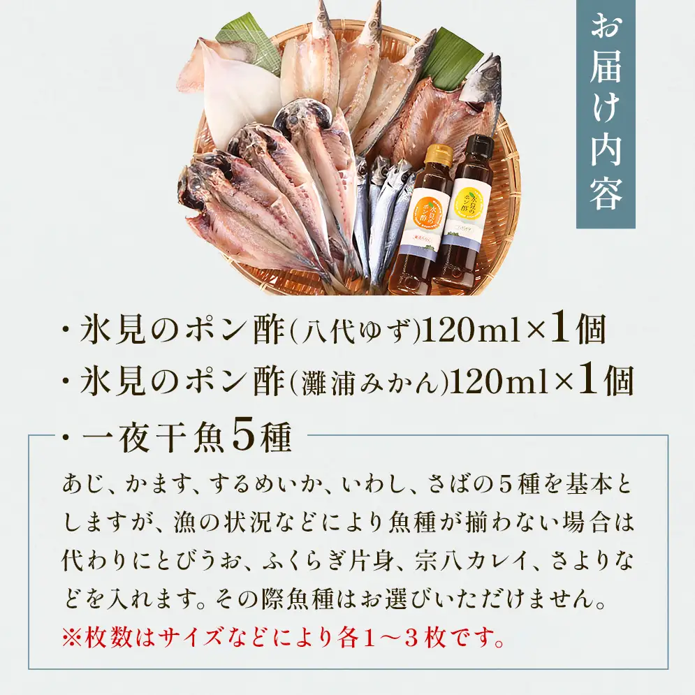 氷見　堀与の一夜干５種とポン酢２種のセット 富山県 氷見市 魚 干物 一夜干し ポン酢 柑橘 セット