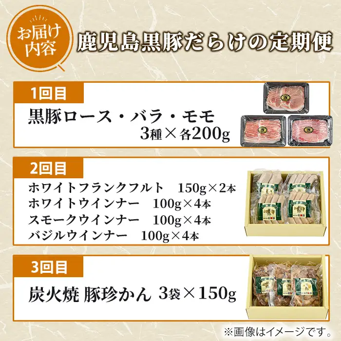 【0365108b】＜定期便・全3回＞無添加鹿児島黒豚だらけの定期便(しゃぶしゃぶ3種 計約600g・ソーセージ4種 合計14本・炭火焼 豚珍かん 150g×3) 黒豚 豚肉 ぶた肉 しゃぶしゃぶ フランクフルト ソーセージ 黒豚炭火焼 セット 定期便 【鹿児島ますや】
