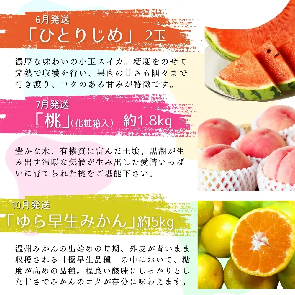 【全6回定期便】旬のフルーツ定期便 【田村みかん / 紀州デコ(不知火) / 清見オレンジ / 小玉スイカ / 桃 / ゆら早生みかん】 ～和歌山の旬をお届け～ / みかん ミカン 温州みかん 有田みかん 不知火 デコポン 桃 ももフルーツ 果物 定期便【tkb314】