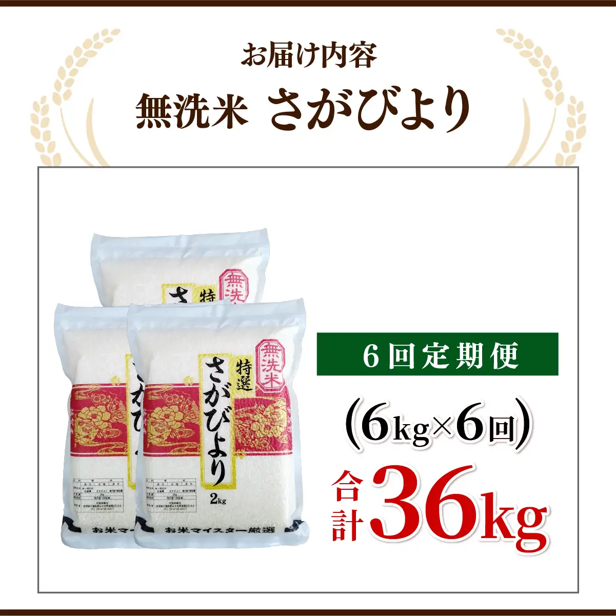 [令和7年産] ＜定期便6回＞  さがびより 無洗米 6kg×6回 真空パック