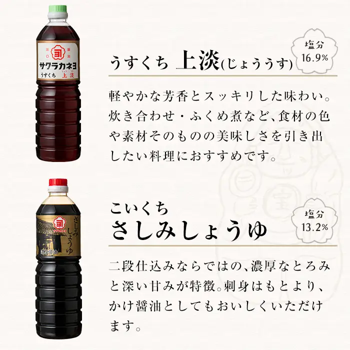 お醤油味比べセット！さしみしょうゆ（1L×2本）、甘露（1L×3本）、上淡（1L×2本）FD揚げワカメ，揚げナス，ホウレンソウ（各2個）サクラカネヨ 味噌汁【00-002-06】