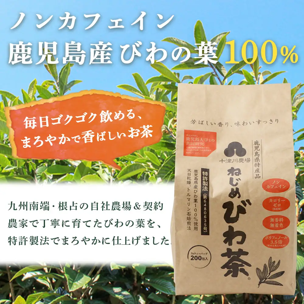 鹿児島県産 ねじめびわ茶 ティーバック 400包入（200包入り×2袋）ノンカフェイン E7523 | 国産 お茶 健康茶 カロリーゼロ 無香料 無着色 ポリフェノール さわやか 甘み 香ばしい おいしい トルマリン石焙煎 びわの葉 大容量 産地直送 鹿児島県 南大隅町 十津川農場