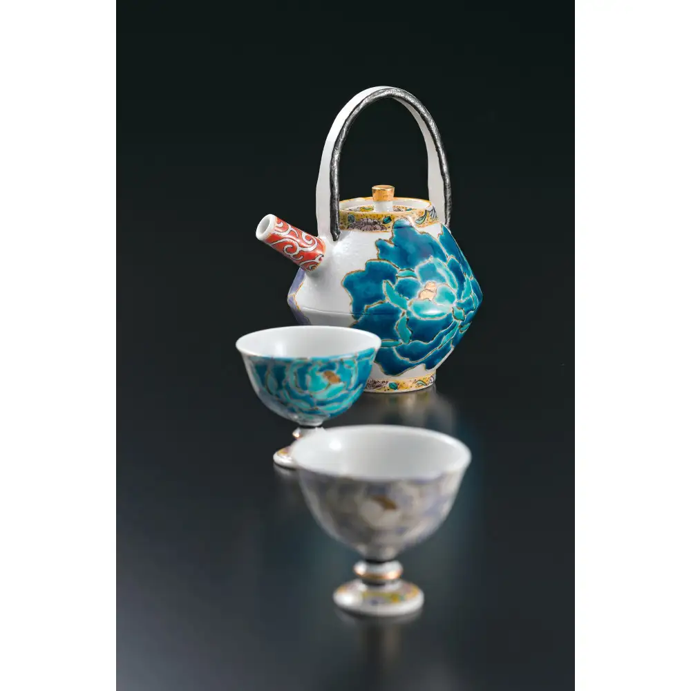 酒器揃　碧紫牡丹図　佐藤剛志 民芸品 工芸品 雑貨 日用品 徳利 お猪口 鮮やか