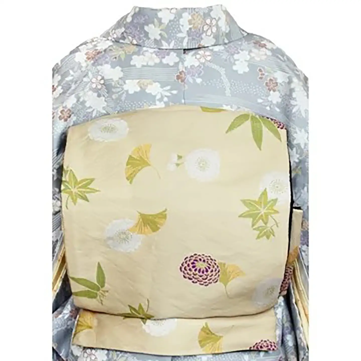 車いす用着物レンタル3日間＜小紋:水色 桜 紅葉柄 太鼓帯:黄色 草花文(草履付き)＞ 着物