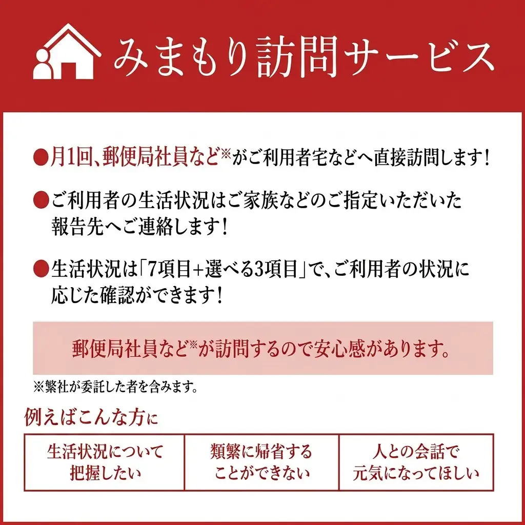 みまもり訪問サービス（6か月） 月1回訪問 生活状況確認 結果報告 遠方 実家 両親 祖父母 見守りサービス 