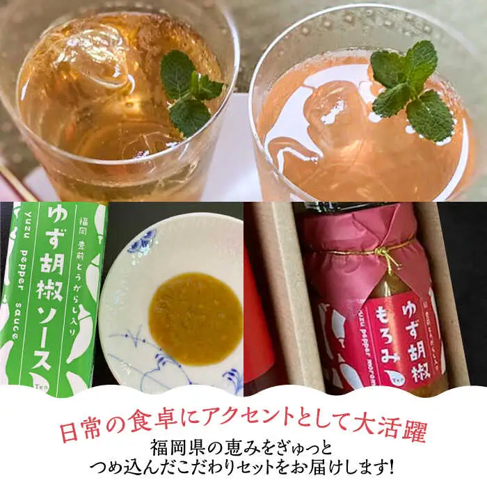 【全12回定期便】＜いちじく美人・いちご美人＞ 飲む酢 2本 & ゆず胡椒 ソース / もろみ セット [VBW028]地産 福岡 万能 調味料 酢