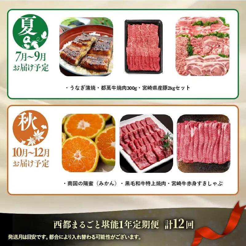 【季節の定期便C】12ヶ月毎月届く 西都まるごと堪能セット12品お届け！【スタンダードコース】 マンゴー 宮崎牛 うなぎ 牛肉 すき焼き 地鶏鍋等＜1-3a＞