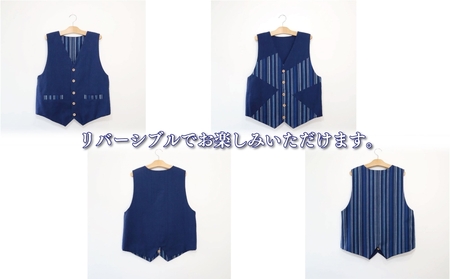リバーシブルベスト 高品質 紳士 薄手 阿波しじら織り ファッション 服 オープンベスト 普段使い シーズンレス 国産 モダン オリジナル 数量限定 リバーシブル  前開き 春夏秋冬 おしゃれ 男性 メンズ 贈答 プレゼント 徳島県 阿波市