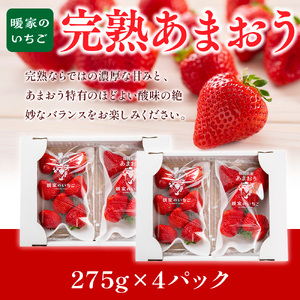 暖家のいちご 完熟あまおう 275g×4パック【2月上旬以降順次発送】AB003