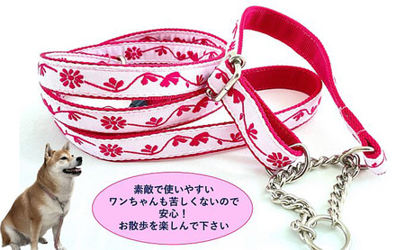 【中型犬用・Mサイズ】 ハーフチョークカラーとリードのセット（マゼンダピンクフラワー） 