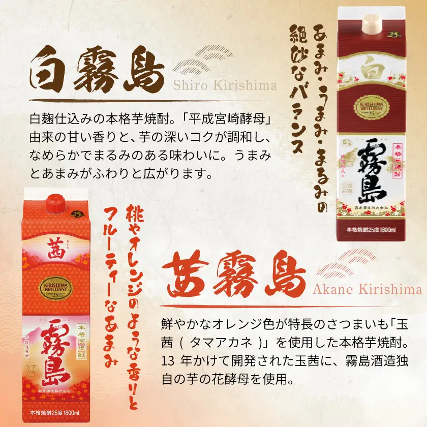 【霧島酒造】霧島「白･黒･茜」パック(25度)1.8L各2本 計6本≪みやこんじょ特急便≫〔42-07-501-Q_99〕_(都城市) 一升 パック 霧島酒造 白霧島 黒霧島 茜霧島 25度 お湯割り 水割り ロック ストレート 白麹 黒麹 酵母 本格焼酎 定番焼酎 10日以内