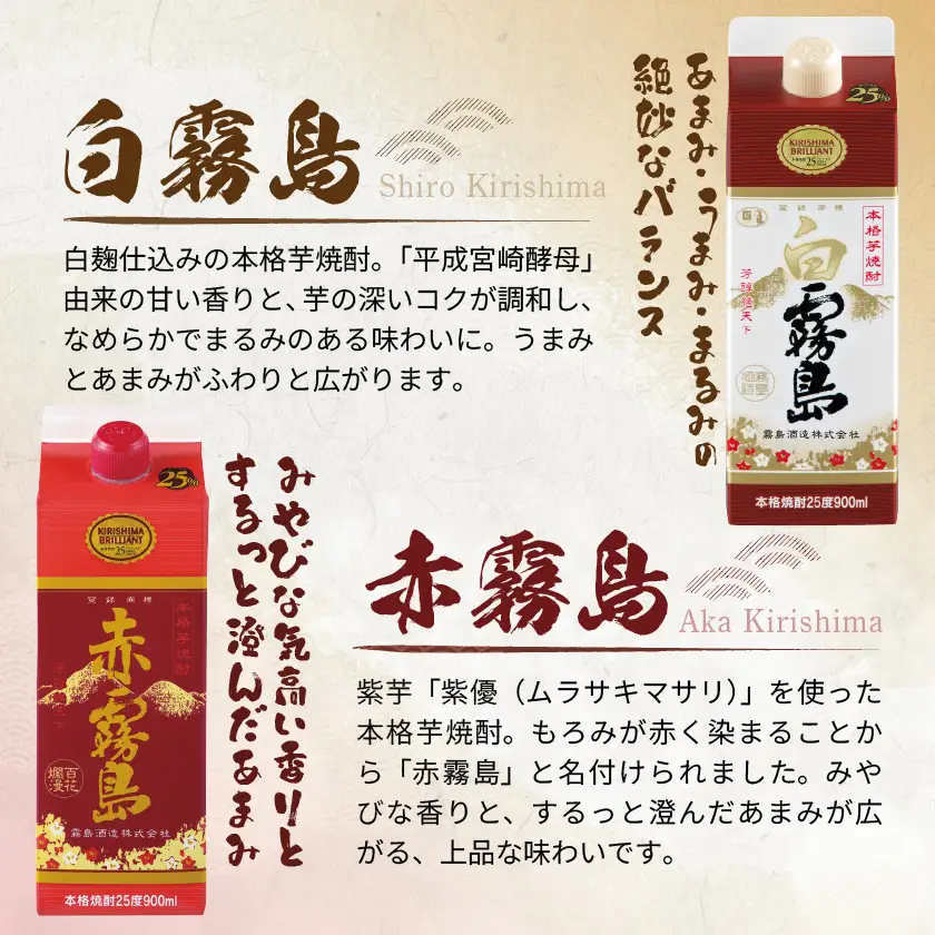 【霧島酒造】霧島「白･黒･赤」パック(25度)900ml各2本 計6本≪みやこんじょ特急便≫〔23-07-504-Q_99〕_(都城市) 五合 パック 霧島酒造 白霧島 赤霧島 25度 お湯割り 水割り ロック ストレート 白麹 黒麹 紫芋 本格焼酎 定番焼酎 10日以内
