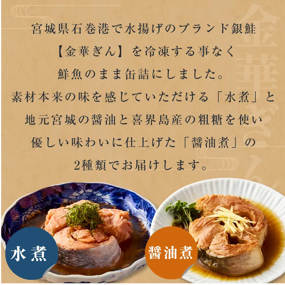 銀鮭 缶詰 食べ比べ セット 水煮 醤油煮 さけ しゃけ 鮭 サケ 金華ぎん おかず キャンプ アウトドア 便利 お手軽 簡単レシピ ご飯のお供 家飲み ギフト 地域の味 木の屋石巻水産 常温保存 防災 備蓄