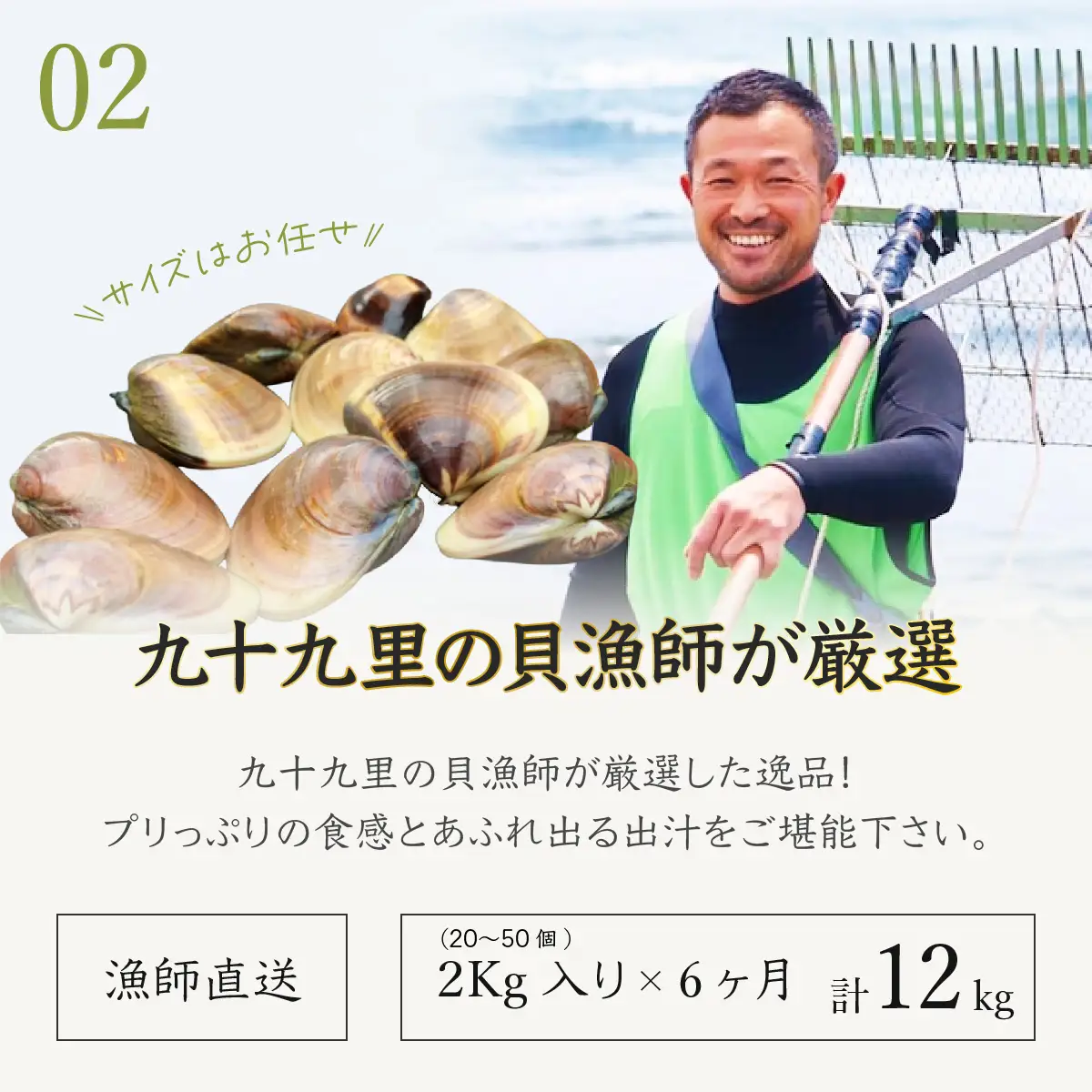 ＜6ヶ月毎月届く定期便!＞九十九里浜産活天然はまぐりサイズお任せ2kg入り SMBB006