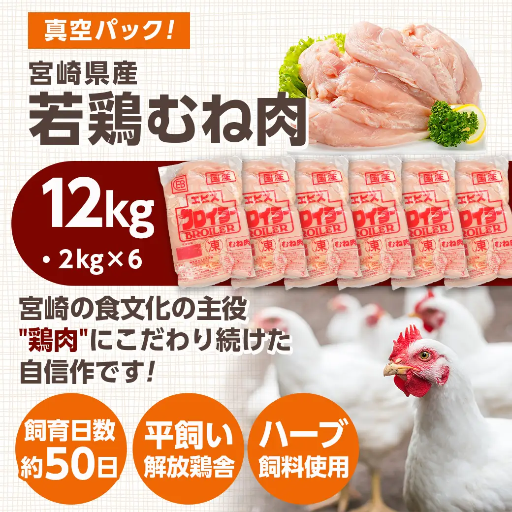 宮崎県産若鶏 むね肉(12kg)〔22-G3-007-12kg〕_(都城市) 若鶏 鶏肉 真空 むね肉 真空 宮崎県産 平飼い ハーブ やわらかく ふっくら ジューシー 冷凍 便利 保水性 やわらか 冷凍 便利 保水性 やわらか ふっくら ジューシー