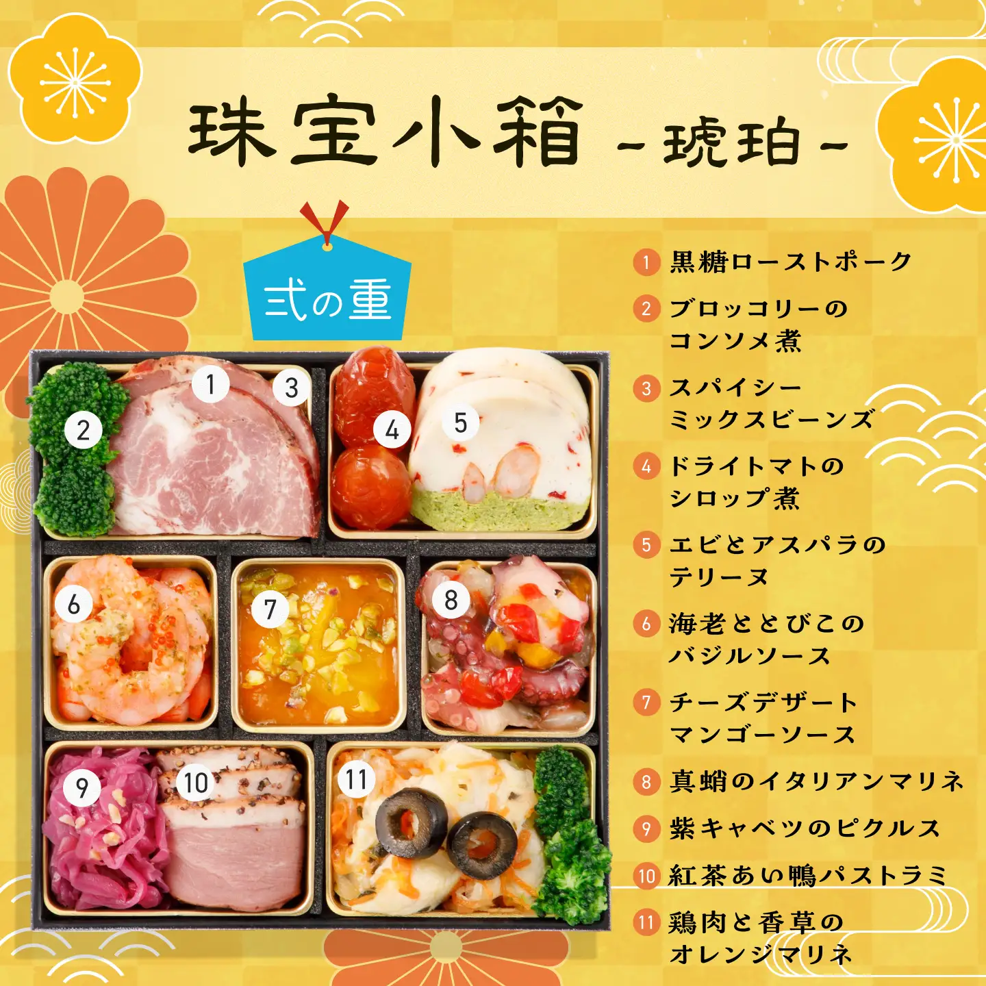 【2027年おせち】和洋中おせち　珠宝小箱～琥珀～（三段重）＜2026年12月下旬出荷＞※毎年ご好評の定番おせち【お正月 おせち料理 おせち 和風 洋風 中華 神奈川県 山北町 】