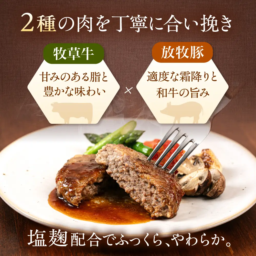 【牧草牛×放牧豚】ハンバーグ 5個 卵不使用 合い挽き 冷凍 小分け 北海道 [AXBP006]
