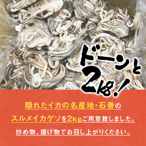 訳あり 石巻産スルメイカゲソ 2kg 12月配送 冷凍 国産 いか 下足 おつまみ ゲソ天 焼イカ おかず