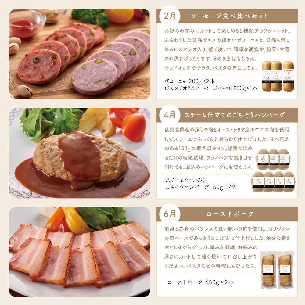 【定期便 全6回：偶数月発送】お肉のおかず定期便［みなみさつまのミートデリ］ ハンバーグ ウインナー ソーセージ ローストポーク ハム ピスタチオ入り フランクフルト ミートローフ ローストビーフ 鹿児島県産 冷蔵 冷凍 南さつま市