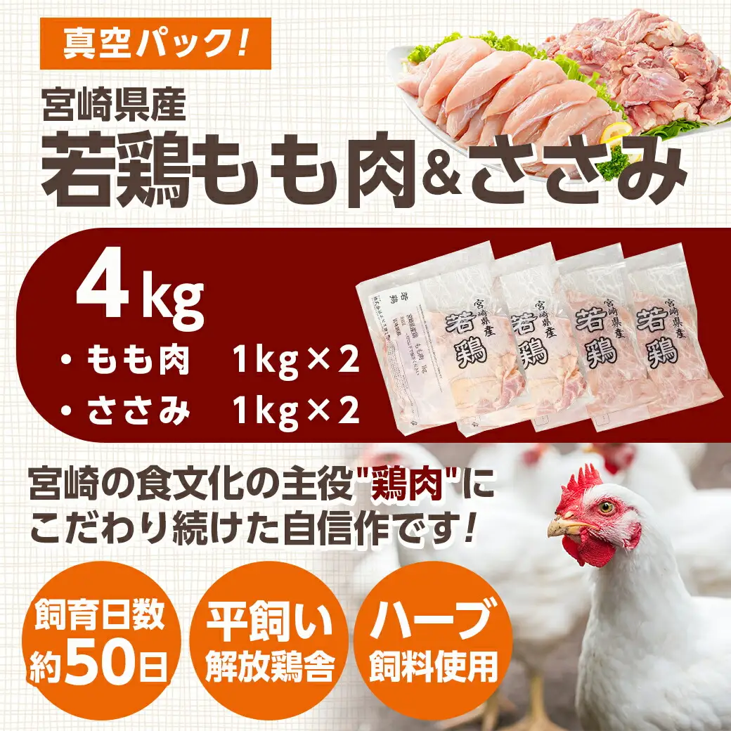 宮崎県産若鶏 もも肉&ささみのこだわりセット(4kg)〔13-G3-009〕_(都城市) 宮崎県産 若鶏 もも肉 ささみ 各1kg×2 鶏肉 セット 真空 使い分け 平飼い ハーブ やわらかく ふっくら ジューシー