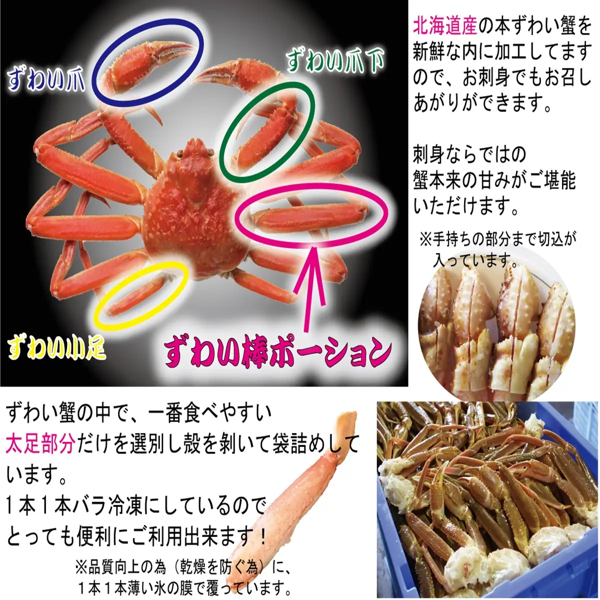生冷凍 本ズワイガニ ポーション 脚 むき身 500g【生食可・お刺身OK】（北海道・ロシア・アメリカ産） ABB002