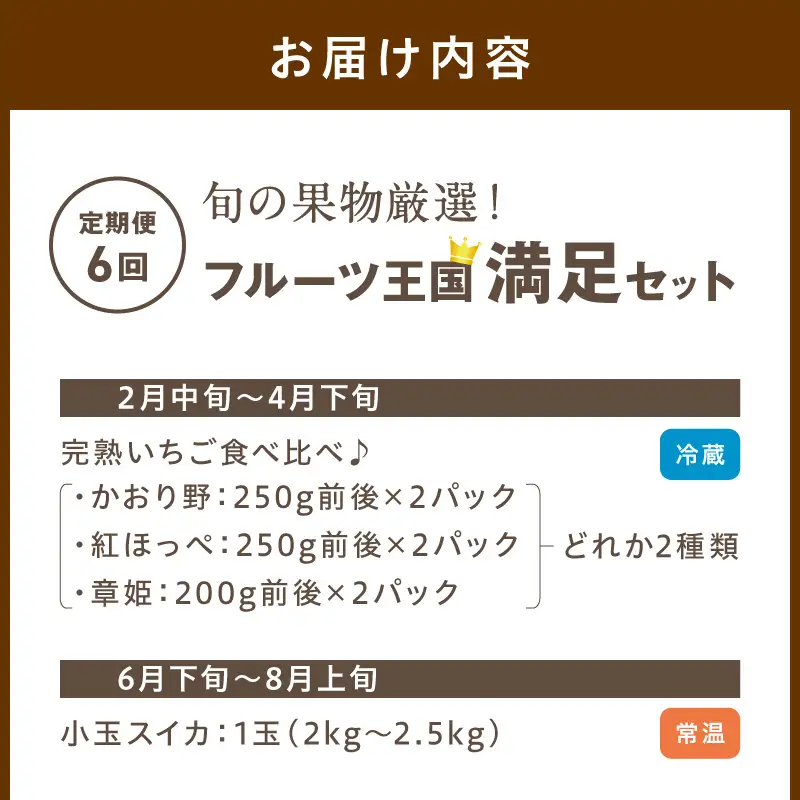【先行予約／フルーツ定期便6回】旬の果物厳選！京丹後フルーツ王国満足セット（完熟イチゴ・小玉スイカ・桃・メロン・完熟ブドウ＆シャインマスカット食べ比べ・二十世紀梨）（2027年2月中旬～発送）