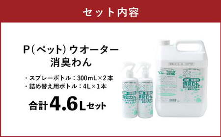 P（ペット）ウオーター消臭わん スプレーボトル （300ml）×2本・詰め替え用ボトル4L 合計4.6Lセット  次亜塩素酸水 ペット用 ペット 除菌 消臭 スプレー 感染対策