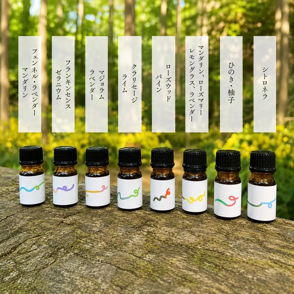 【ふるさと納税】＜エッセンシャルオイル 精油 アロマ ブレンドオイル 8種 8本＞ 計40ml 100％天然成分 ピュアオイル 1本5ml 牧野富太郎さんの妻 牧野寿衛子さんに贈りたいoil ミニ薪付 朝ドラ らんまん キリン館オリジナル 高知県 佐川町