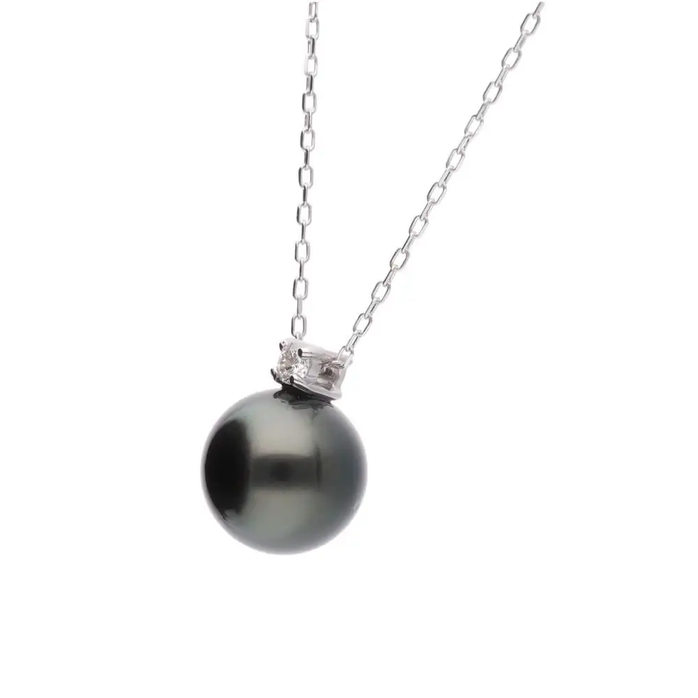 ブラックパール（タヒチ 黒蝶真珠） 8.0mm ダイヤモンド Pt900 プラチナ ペンダント ネックレス（チェーン付き）