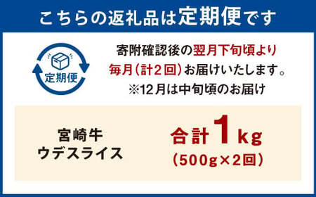 【2ヶ月定期便】＜宮崎牛ウデスライス 500g（1パック：500g×2回）＞ お申込みの翌月下旬頃に第一回目発送（12月は中旬頃）【c1347_mc_x2】 牛肉 お肉 肉 和牛 新生活応援 卒業祝い 就職祝い 入学 卒業 お花見 引越し