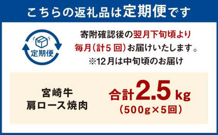 【5ヶ月定期便】＜宮崎牛肩ロース焼肉 500g（1パック：500g×5回）＞ お申込みの翌月下旬頃に第一回目発送（12月は中旬頃）【c1375_mc_x3】 牛肉 お肉 肉 和牛 新生活応援 卒業祝い 就職祝い 入学 卒業 お花見 引越し