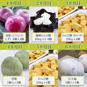 和菓子 6回 定期便 河原のしずく 珈琲わらび餅 黒みつ付 草餅 わらび餅 豆大福